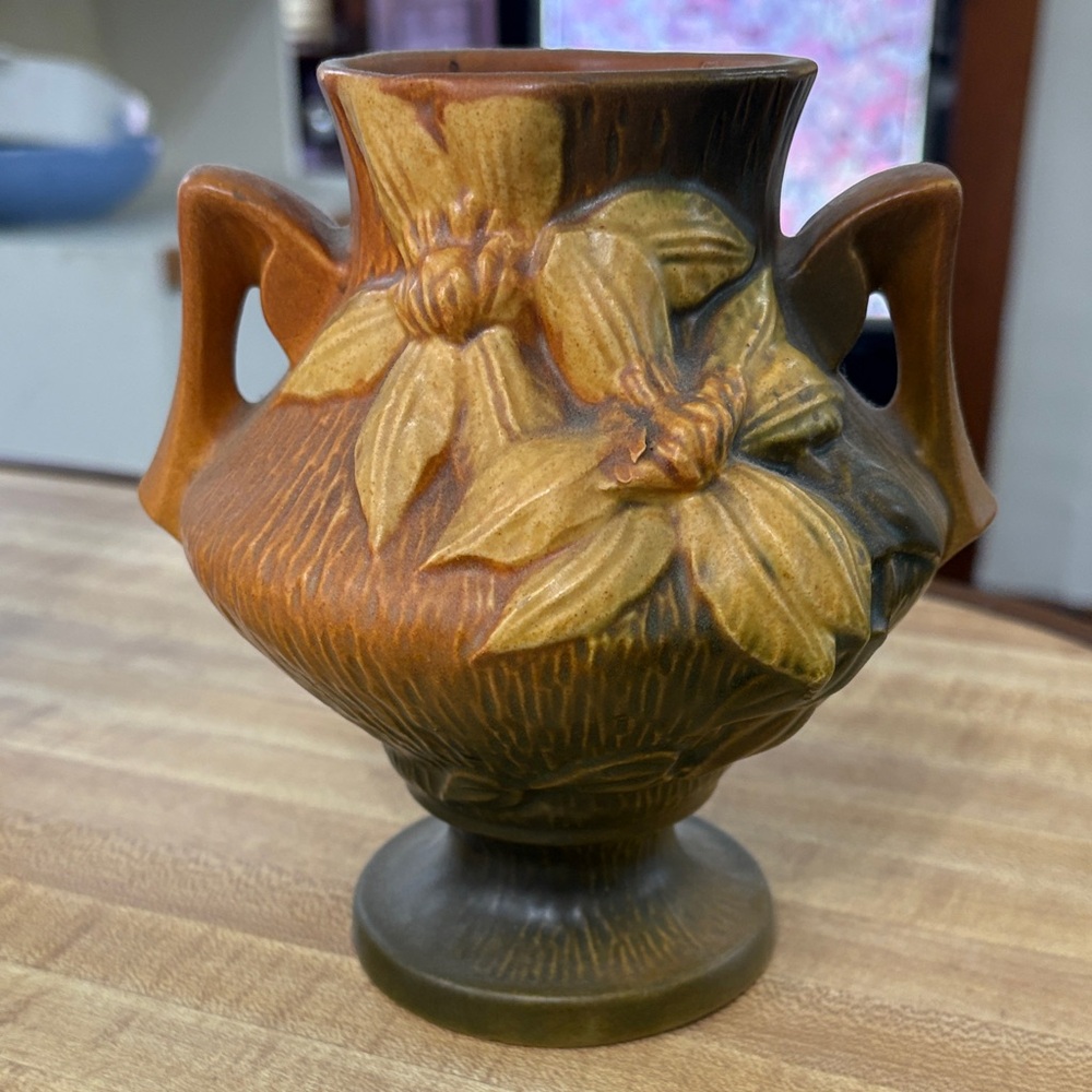 Floral Two-Handled Vase - Brown and Green